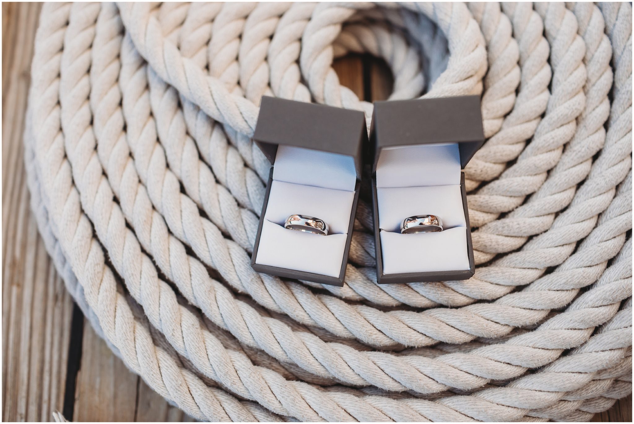 groom rings on nautical rope - cape cod wedding photographer