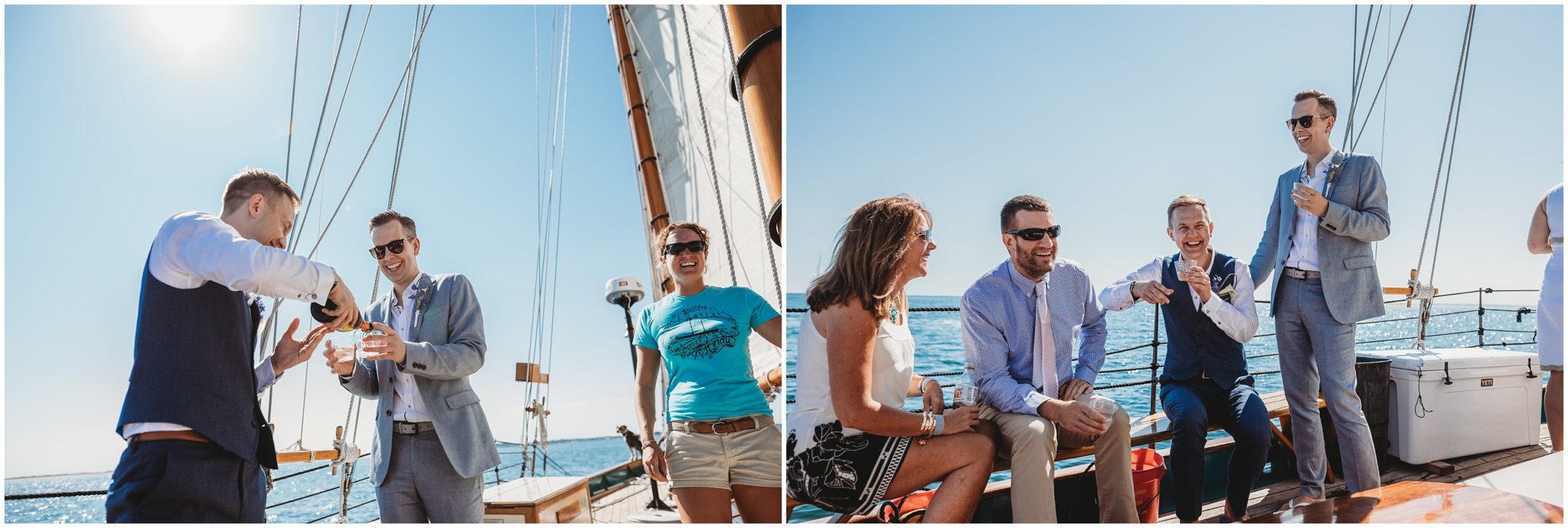 popping champagne while sailing - destination wedding photography