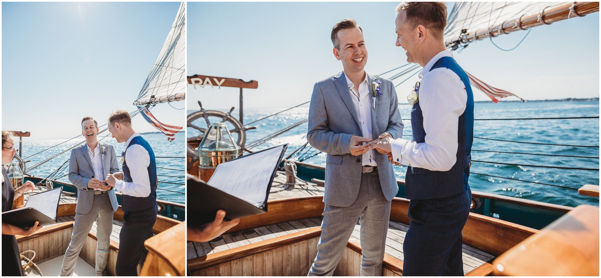 groom laughing during boat ceremony - new england elopement photography