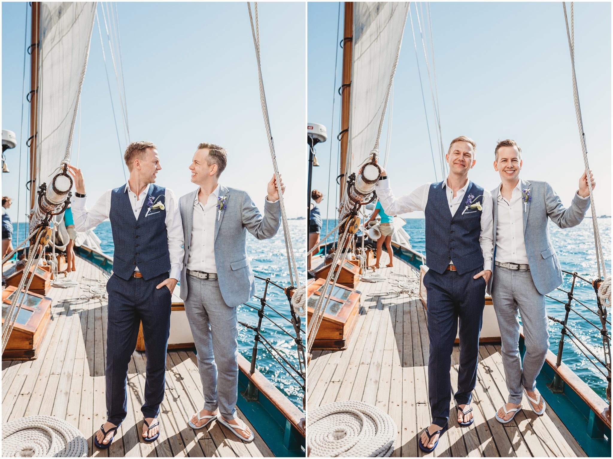 portrait of two grooms on ship - mass wedding photographer