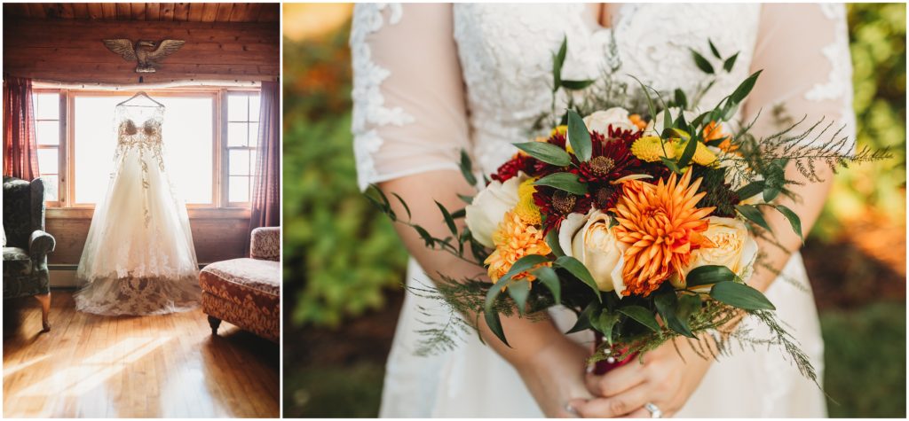 lace-wedding-dress-and-bride-bouquet
