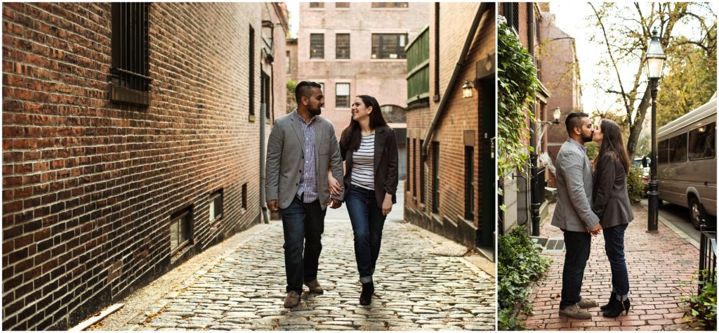 couple holding hands walking on cobblestones - boston wedding photographer