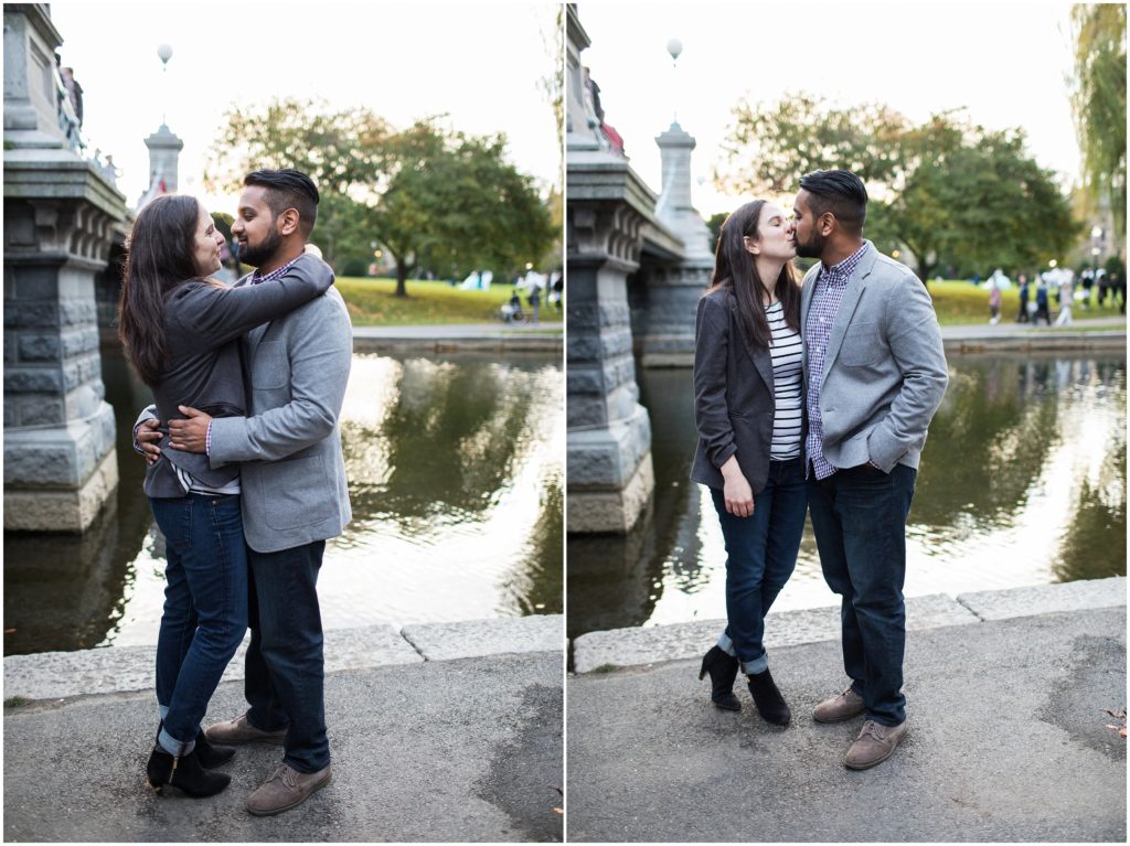 couple hugging by bridge - massachusetts engagement photography