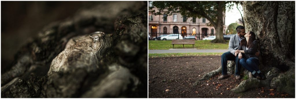 diamond ring on tree bark - boston engagement photographer