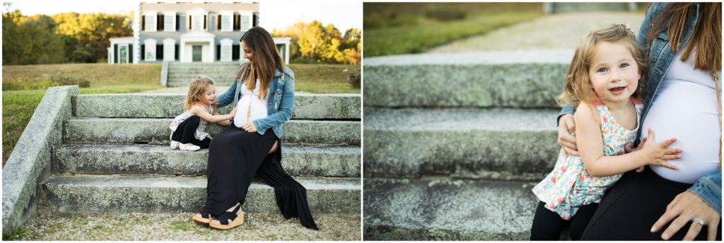 mother and daughter sitting on mansion steps - ma maternity photographer
