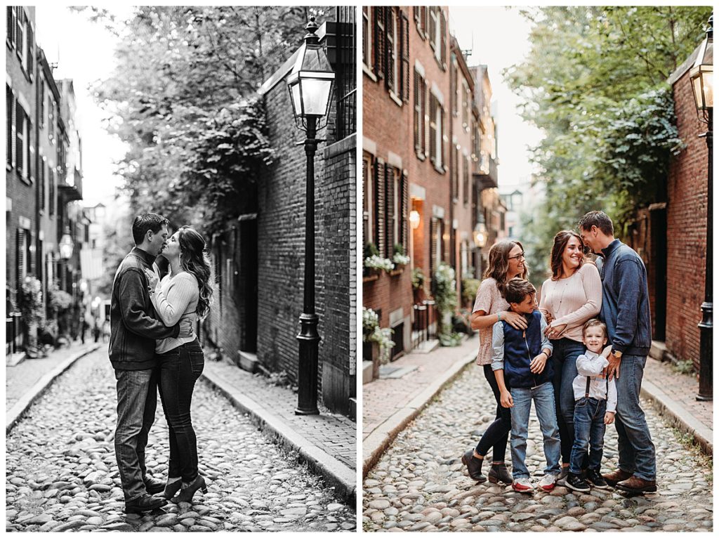 Family of five in neutral outfits standing on Acorn Street in Boston Massachusetts