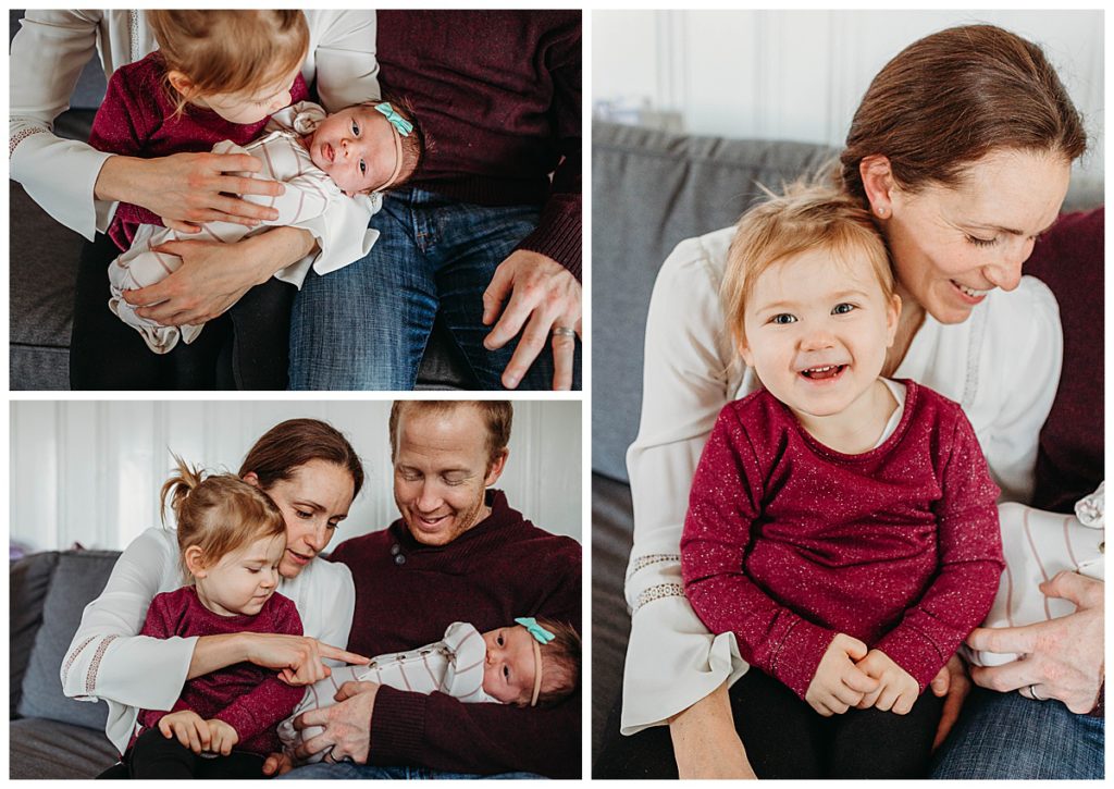family-of-four-on-couch-wearing-maroon-boston-newborn-photographer