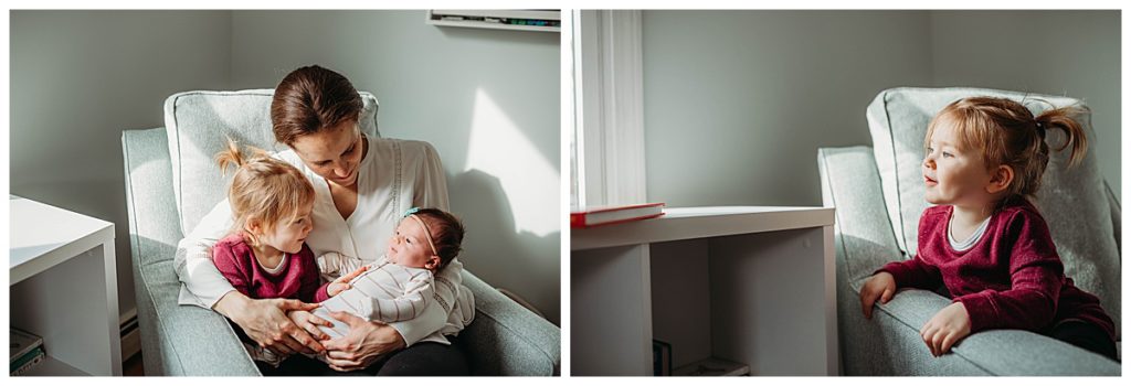 mom-holding-baby-girls-in-rocker-boston-newborn-photos