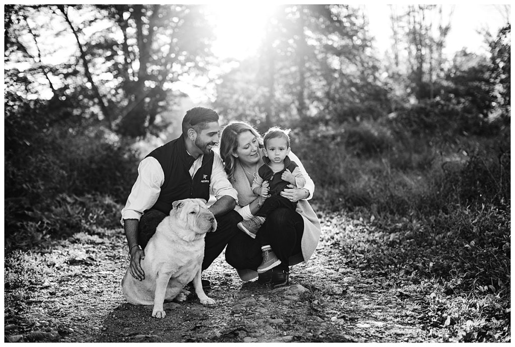 black-and-white-portrait-of-family-with-dog-boston-family-photographer