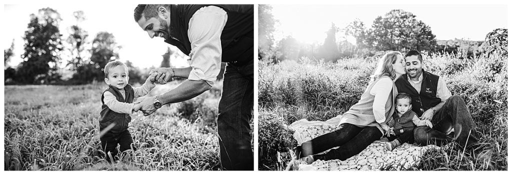 father-helping-son-walk-in-field-boston-family-photographer
