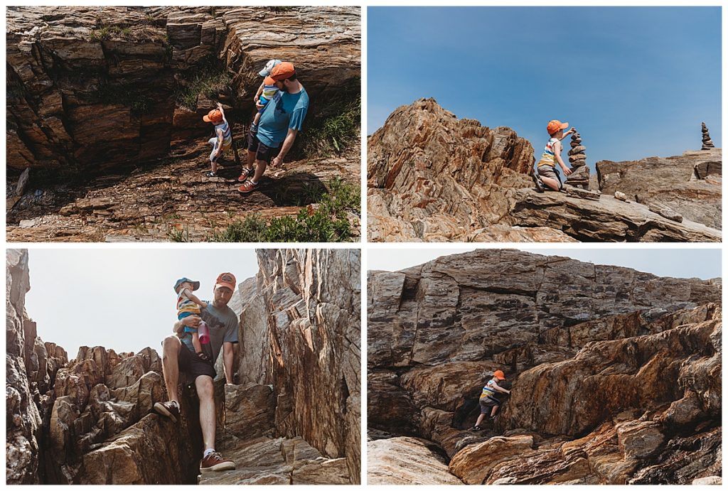 family-hiking-on-rocks-adding-to-cairn-boston-family-photographer