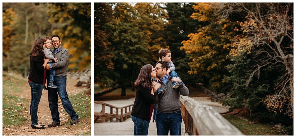 family-in-autumn-on-bridge-with-boy-on-dads-shoulders-boston-family-photographer