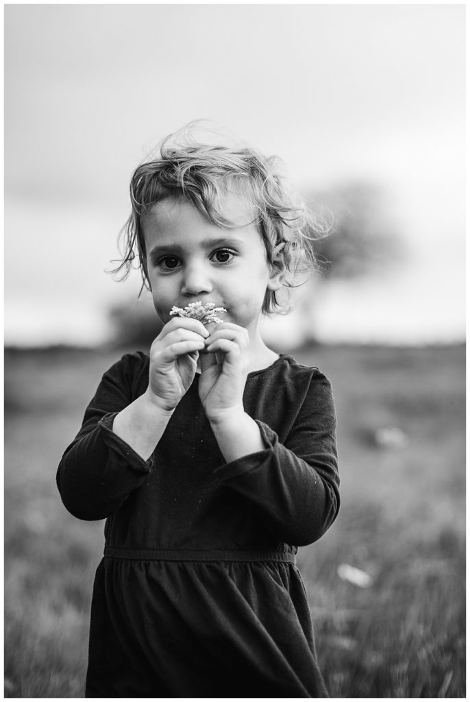 little-girl-smelling-flower-in-black-and-white-southborough-family-photographer
