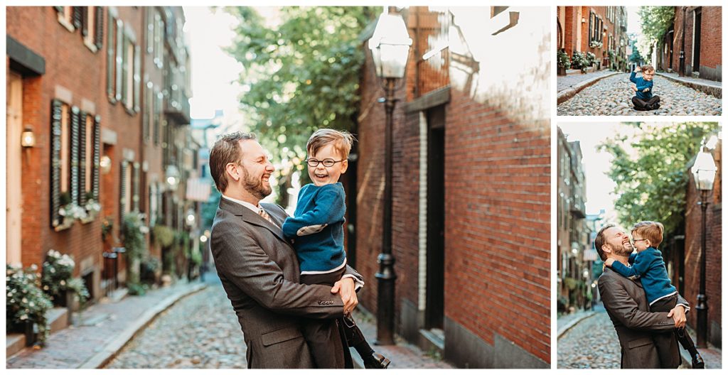father-holding-son-acorn-street-boston-family-photographer