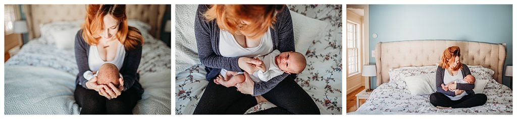 mom-holding-baby-boy-on-master-bed-newborn-photography-boston