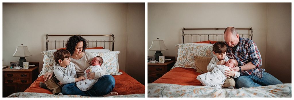 parents portraits with children during lifestyle newborn session in boston
