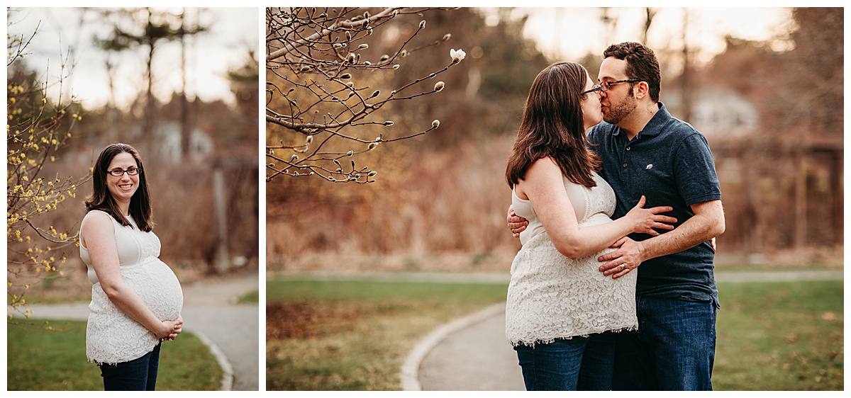 couple embracing outdoors in the spring during maternity photography session
