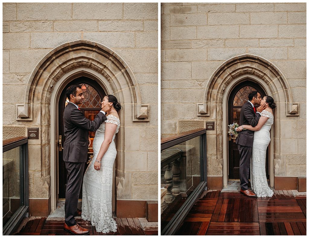 bride and groom in archway of door during couples photo session