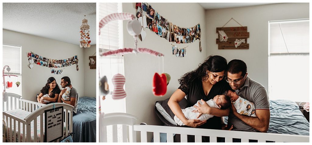 parents hold twin baby girls in nursery during newborn photos