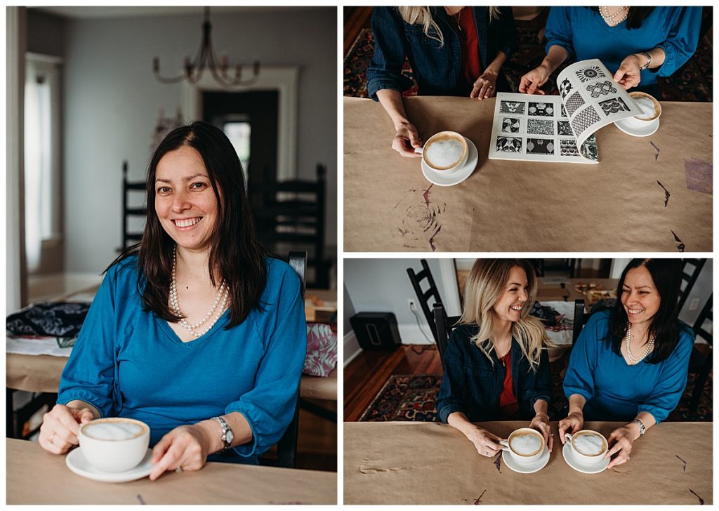 two screen printers share a coffee during personal brand photography session
