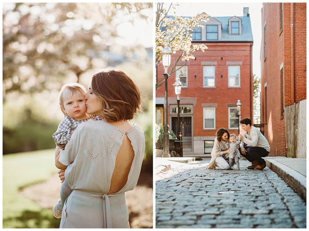 mother snuggles baby girl during photo session