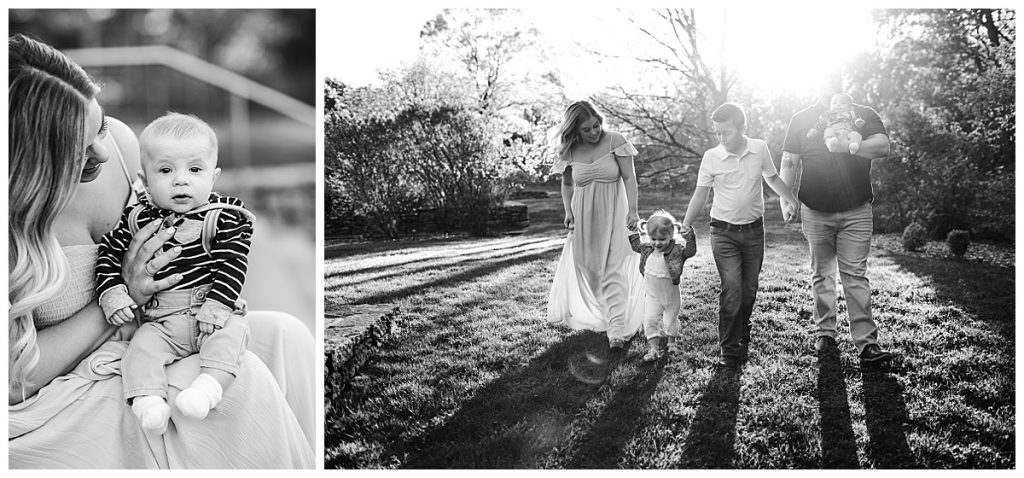 black and white portrait of a family during golden hour