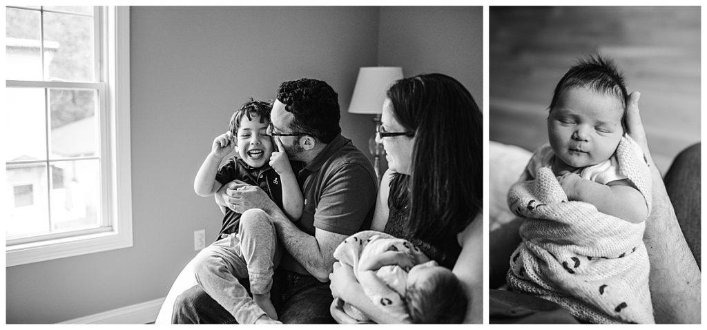 black and white portrait of family tickling toddler during arlington newborn session