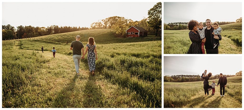 family running across wide open field at sunset during photoshoot