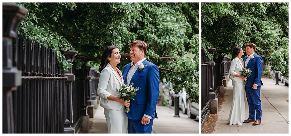 couple laughs during wedding portraits in the city of boston
