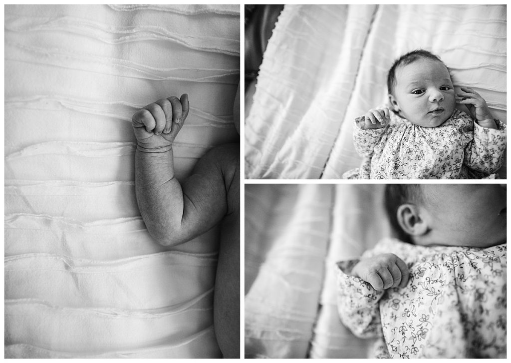 black and white images of newborn baby girls features during photo session