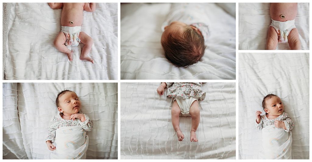 images of a baby girl laying on white bed during newborn session in framingham