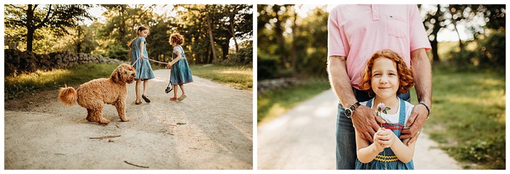 girls walking golden doodle during family pictures