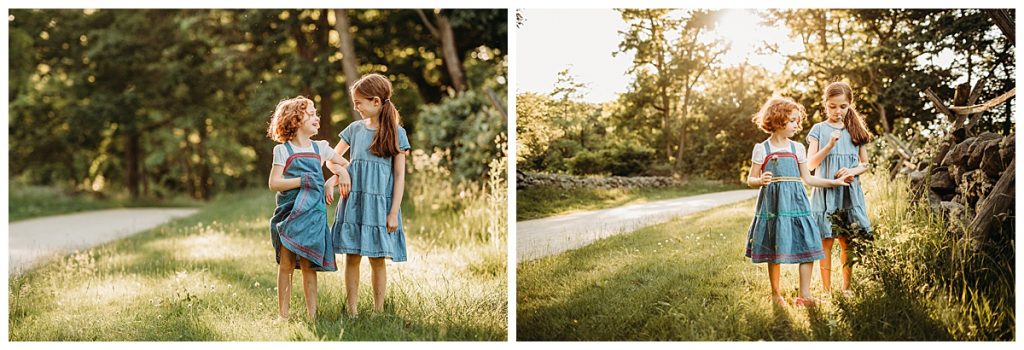 sisters swish dresses together at sunset during family session