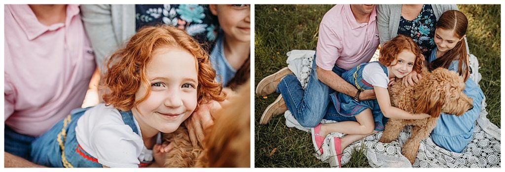 family hugs their golden doodle during natural photo style session