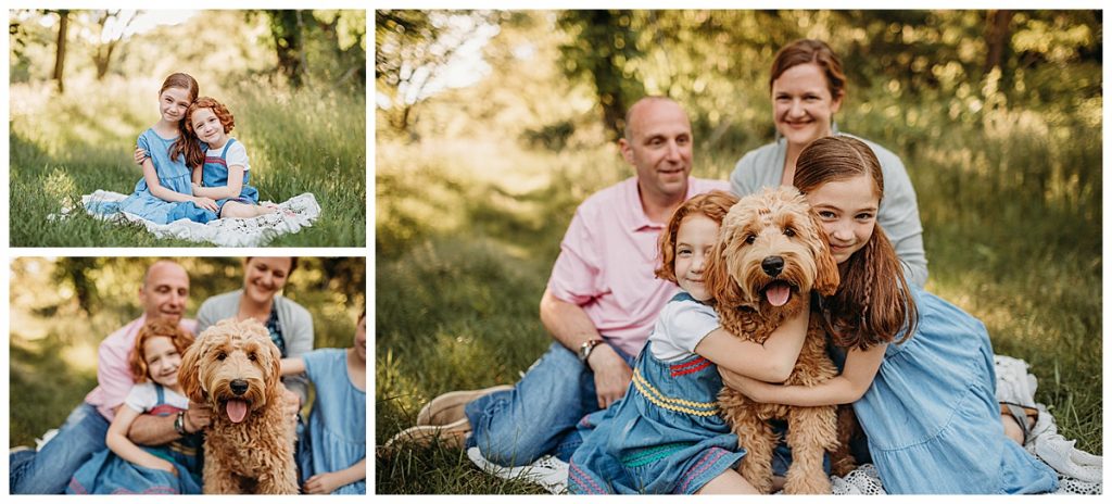 family cuddles with golden doodle during a sunset photo shoot