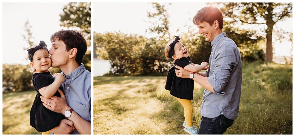 dad tossing little girl in the air at golden hour photo session