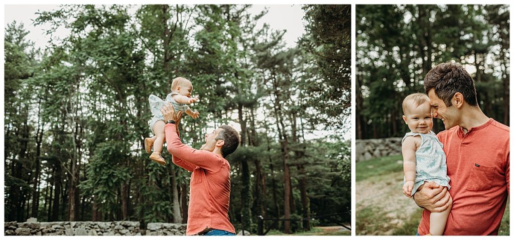 dad throws toddler daughter in air during family pictures