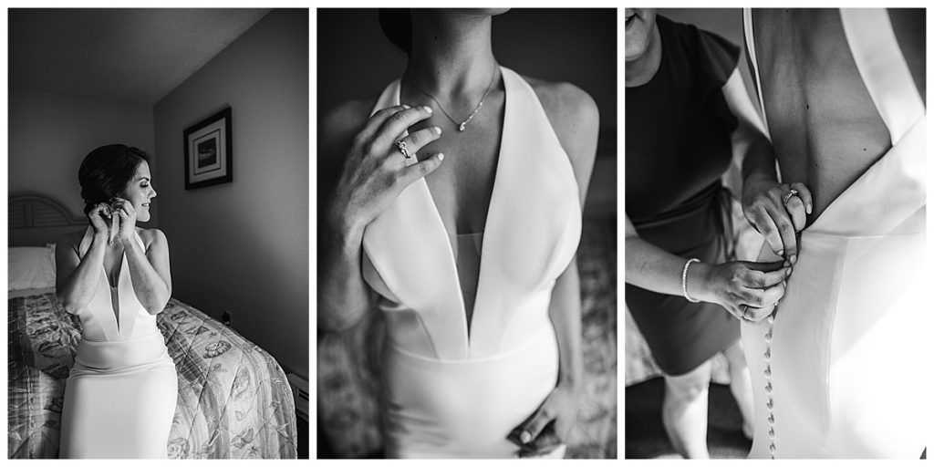 black and white portraits of bride getting ready for elopement ceremony