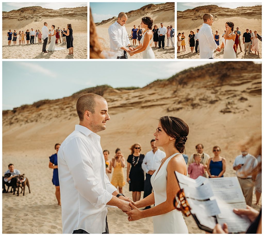 couple saying vows to one another during beach elopement