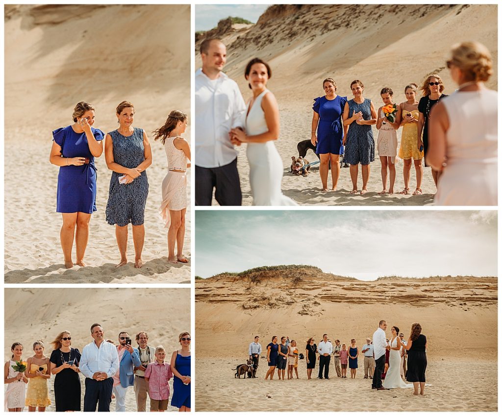 family gathers around eloping couple on cape cod beach for intimate ceremony