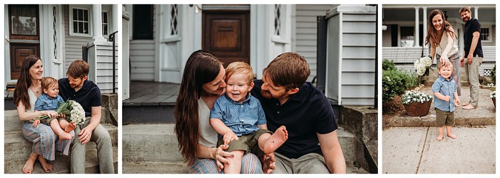 family sits on front porch for family photo session in the summer