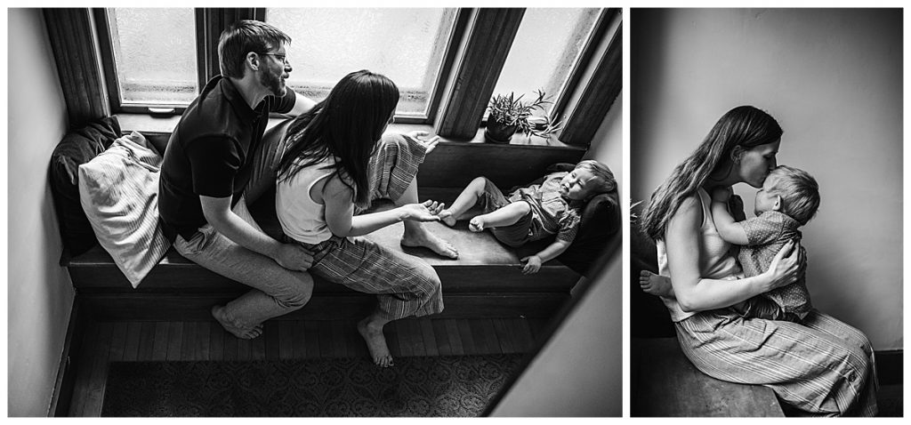 black and white portraits of family taken in their home on a window seat