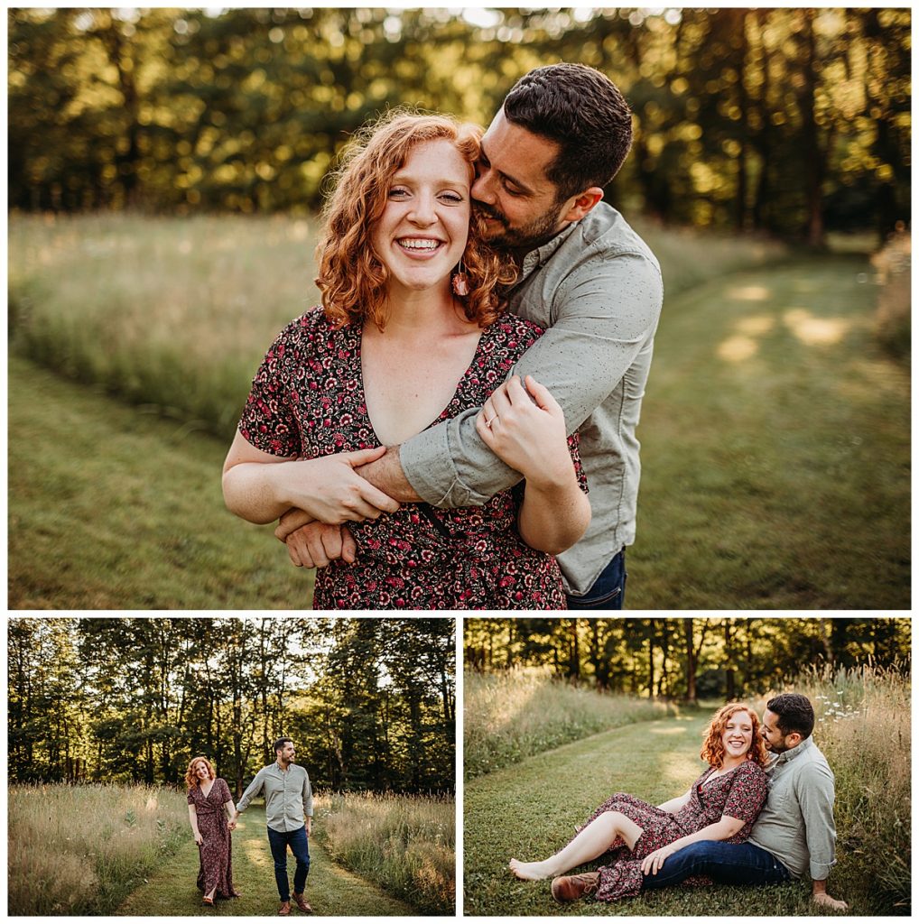 couple sits on ground in field during engagement photo shoot