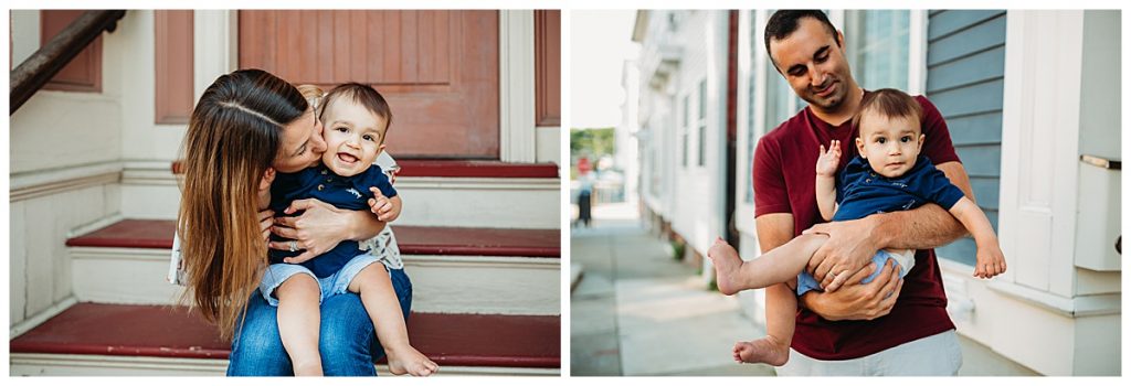 one year old boy laughs during family photo shoot
