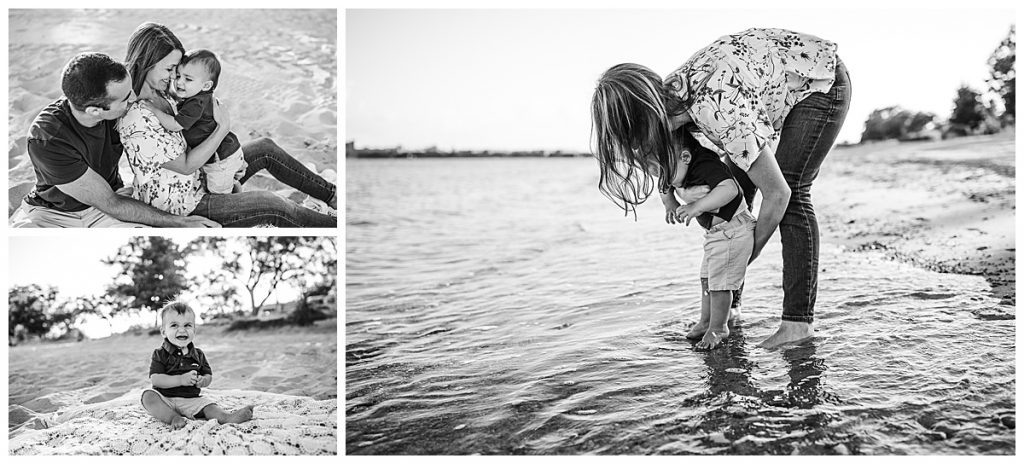 black and white images from a family beach photo shoot