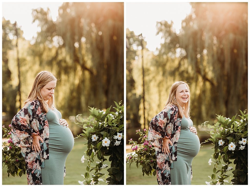 pregnant mother laughing in beautiful light during photoshoot