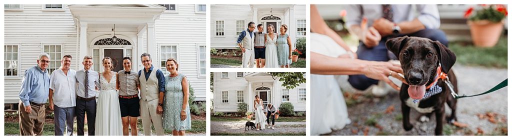 family formal combinations in front of a white farmhouse wedding
