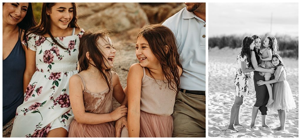 little girls on beach laughing together during family photos in boston