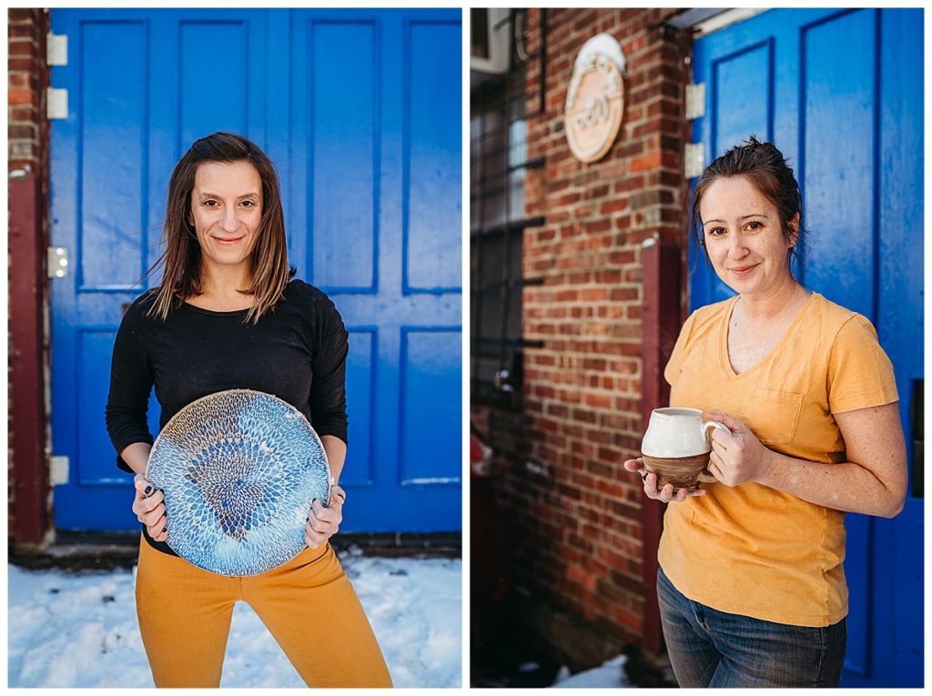 female entrepreneurs pose in front of blue door for headshot session