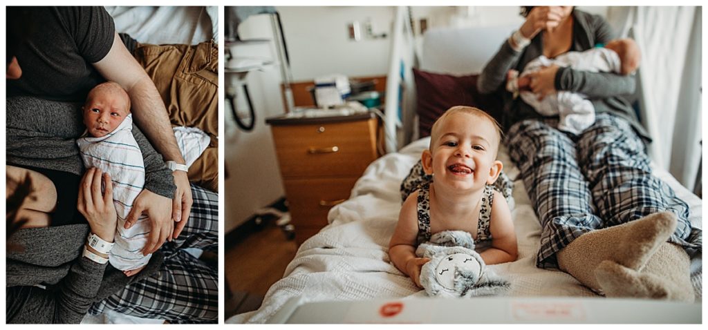 toddler cheeses on bed during hospital photography session in boston